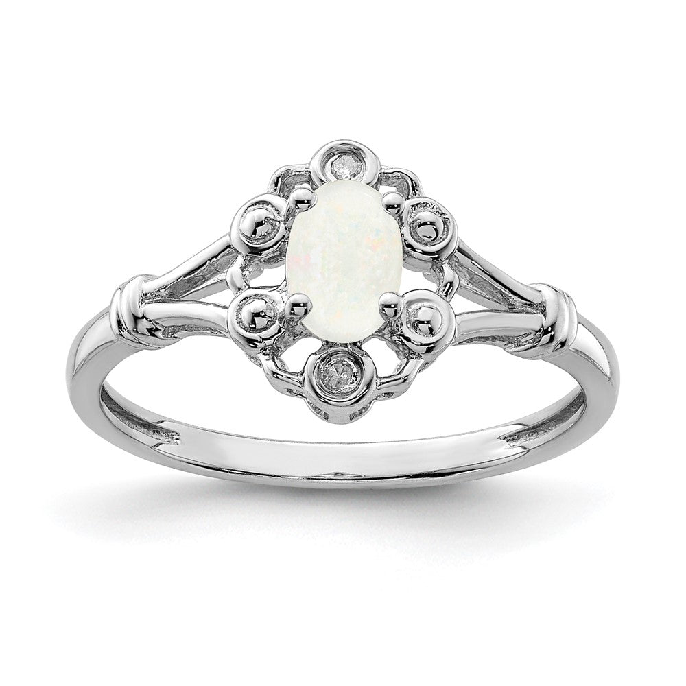 Sterling Silver Rhodium-plated Created Opal & Diam. Ring