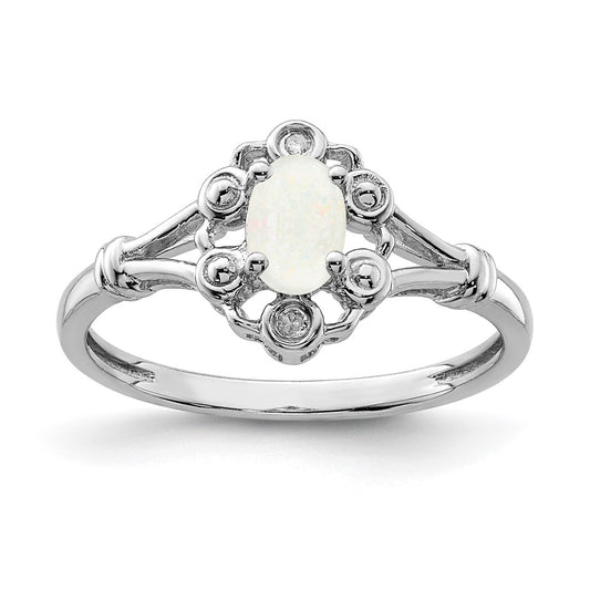 Sterling Silver Rhodium-plated Created Opal & Diam. Ring