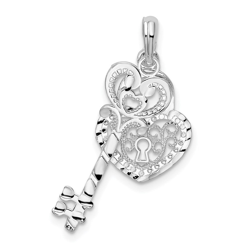 Sterling Silver Rhod-plated Polished Moveable Key w/Heart Lock Pendant