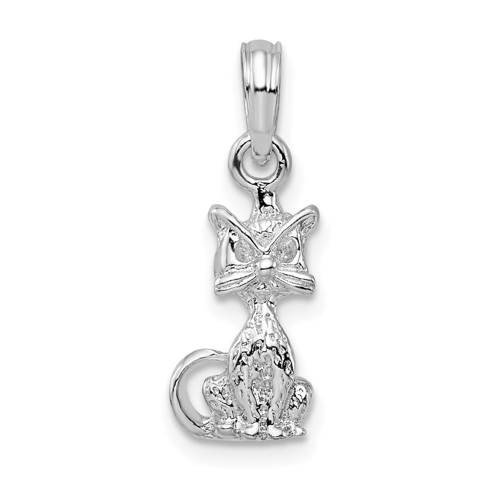 Sterling Silver Rhodium-plated Polished 3D Mini Sitting Cat Pendant