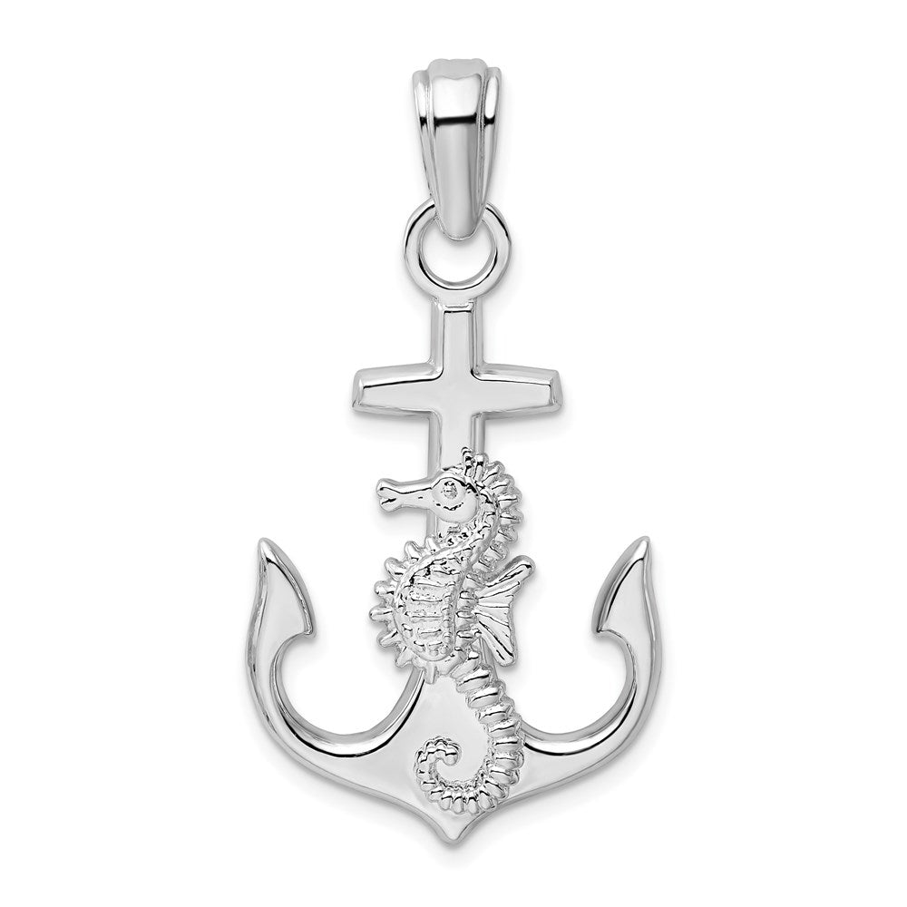 Sterling Silver Rhodium-plated Polished Anchor w/Seahorse Pendant