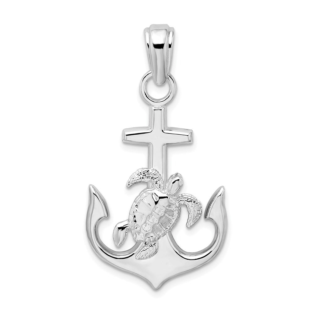 Sterling Silver Rhodium-plated Polished Anchor w/Sea Turtle Pendant