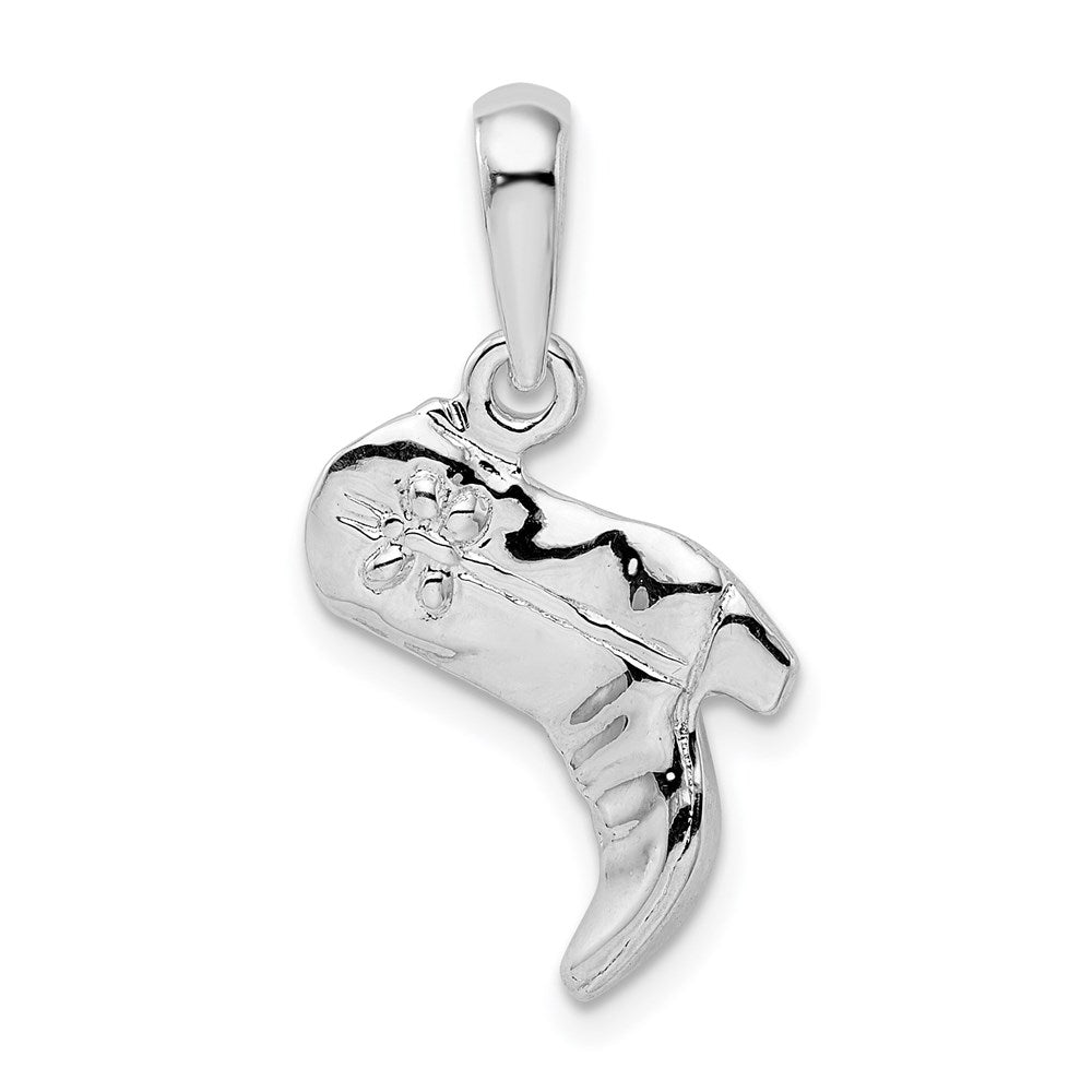 Sterling Silver Rhodium-plated Polished 3D Cowboy Boot Pendant