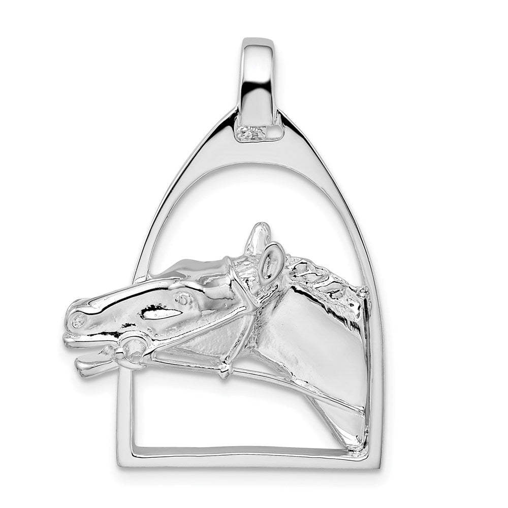 Sterling Silver Rhodium-plated Polished Horse Head w/Stirrup Pendant