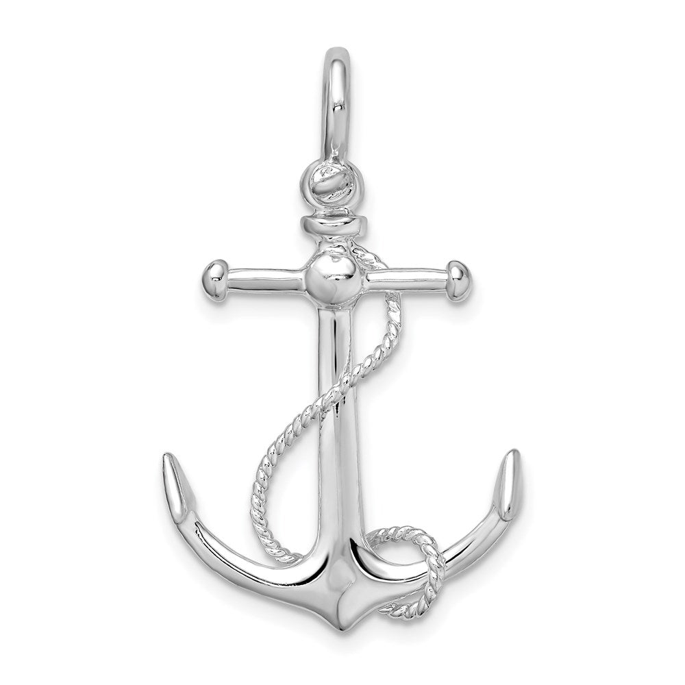 Sterling Silver Rhodium-plated Polished 3D Anchor w/Rope Pendant