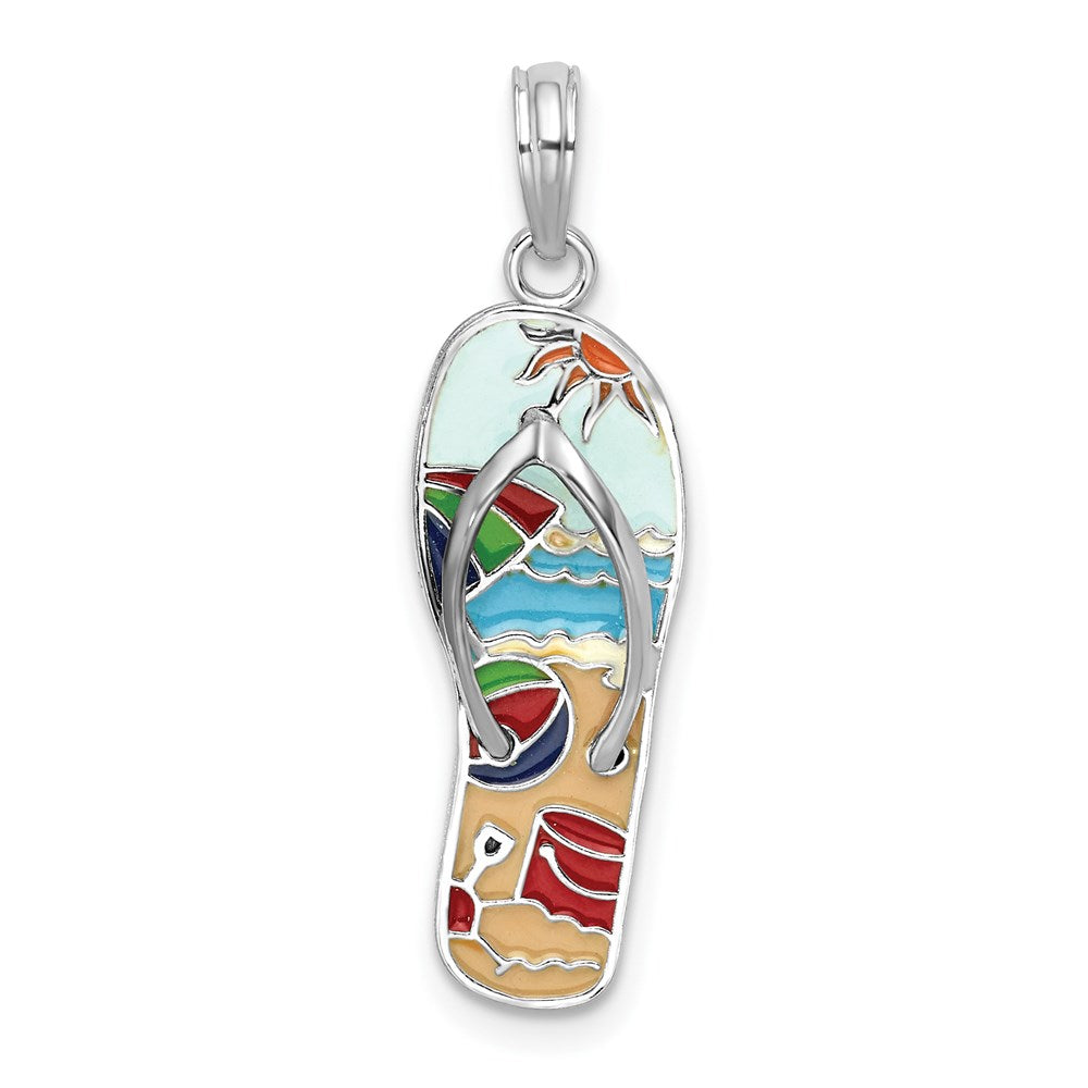 Sterling Silver Rhodium-plated 3D Enamel Beach Scene Flip-flop Pendant