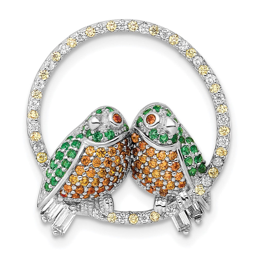 Sterling Silver Rhodium-plated CZ Birds on Perch Chain Slide