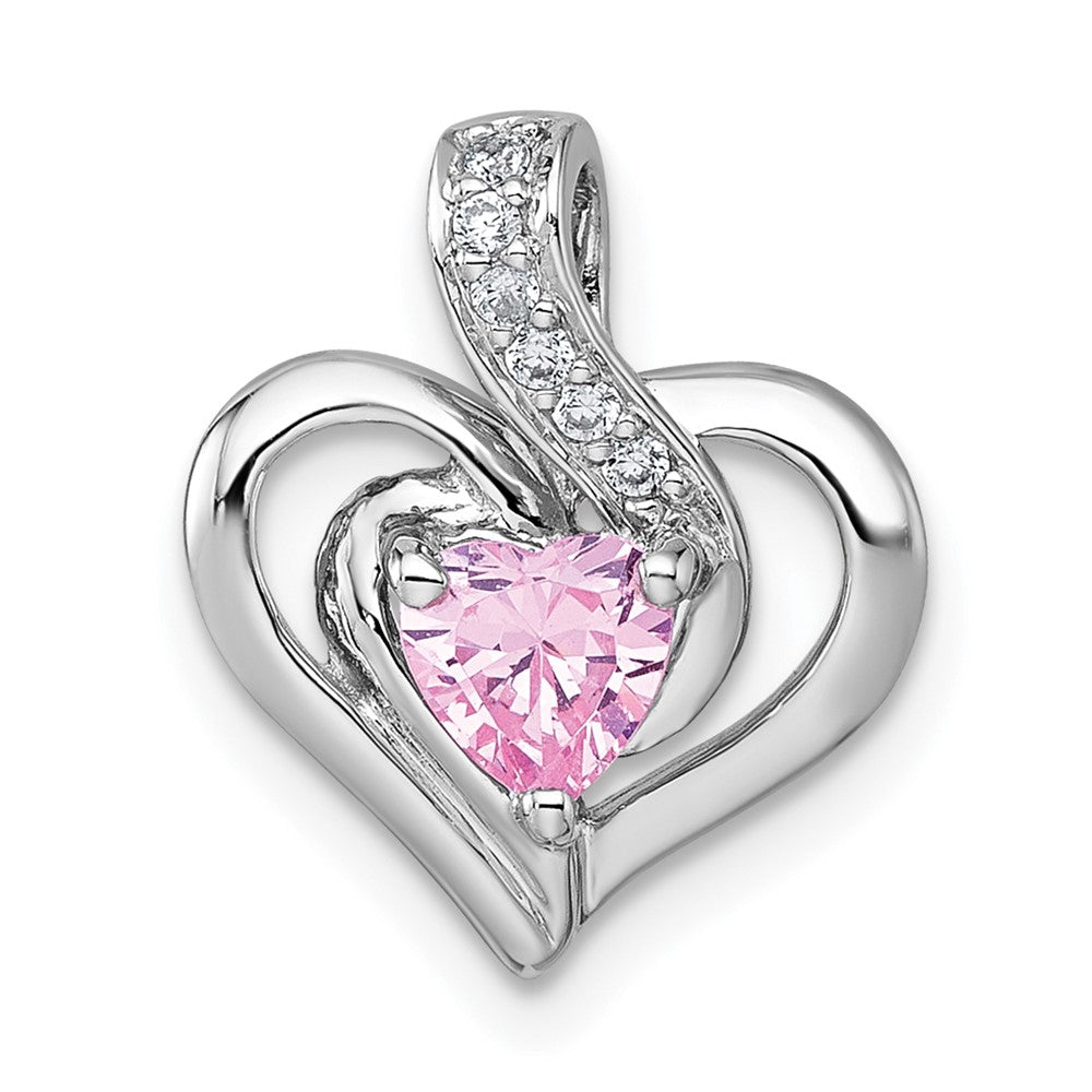 Sterling Silver RH-plated Polished Pink/White CZ Heart Chain Slide Pendant