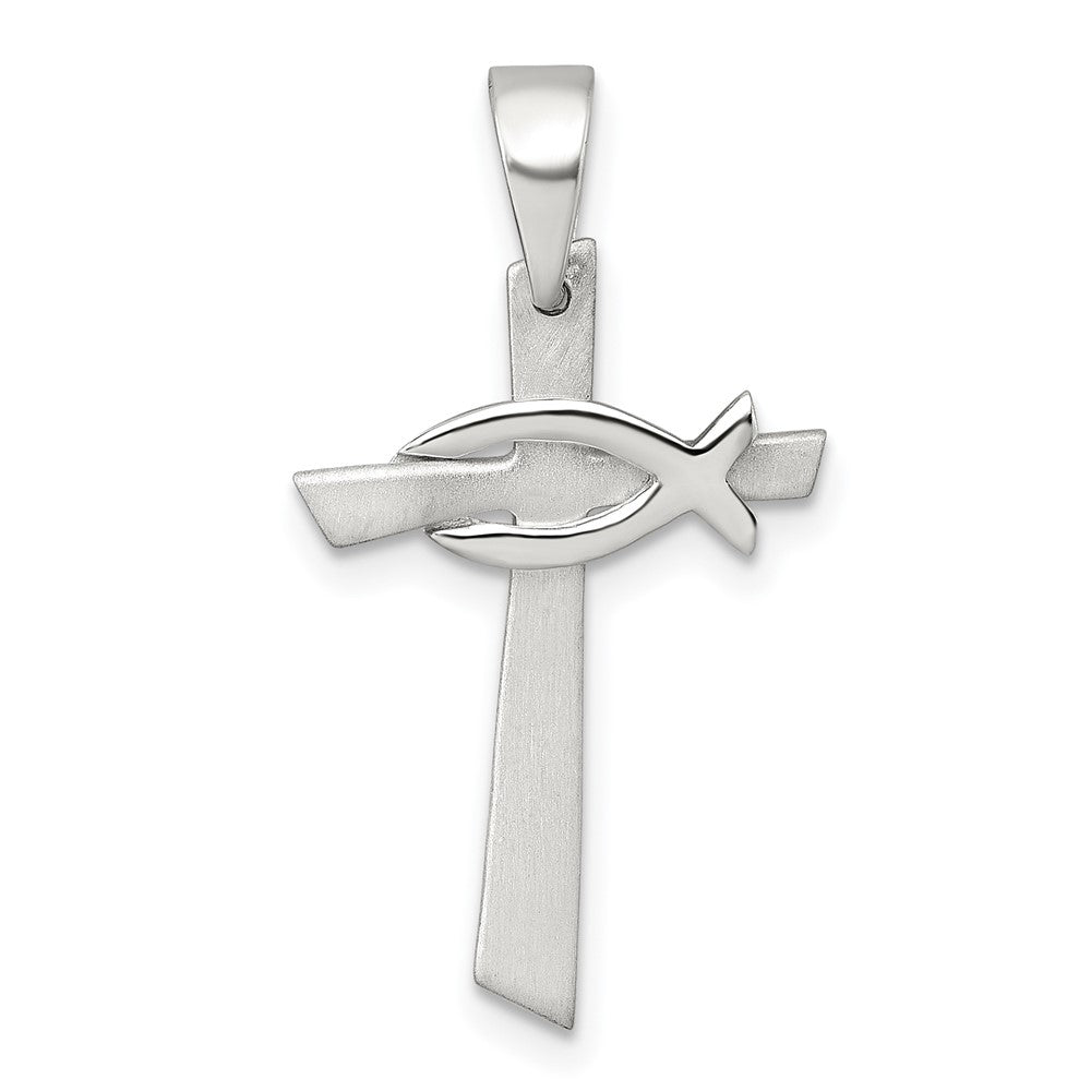 Sterling Silver Polished and Brushed Cross With Ichthus Pendant