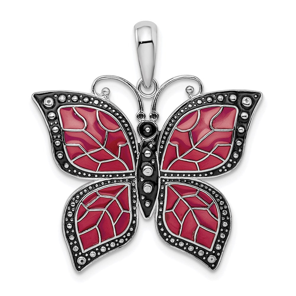 Sterling Silver Rhod-plated Polished Enameled Purple Butterfly Pendant
