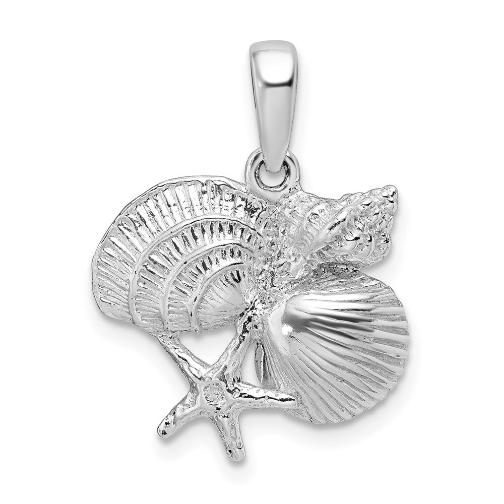 Sterling Silver Rhodium-plated Polished Shell Cluster Pendant