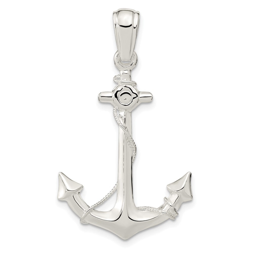 Sterling Silver Rhodium-plated Polished 3D Anchor w/Rope Pendant