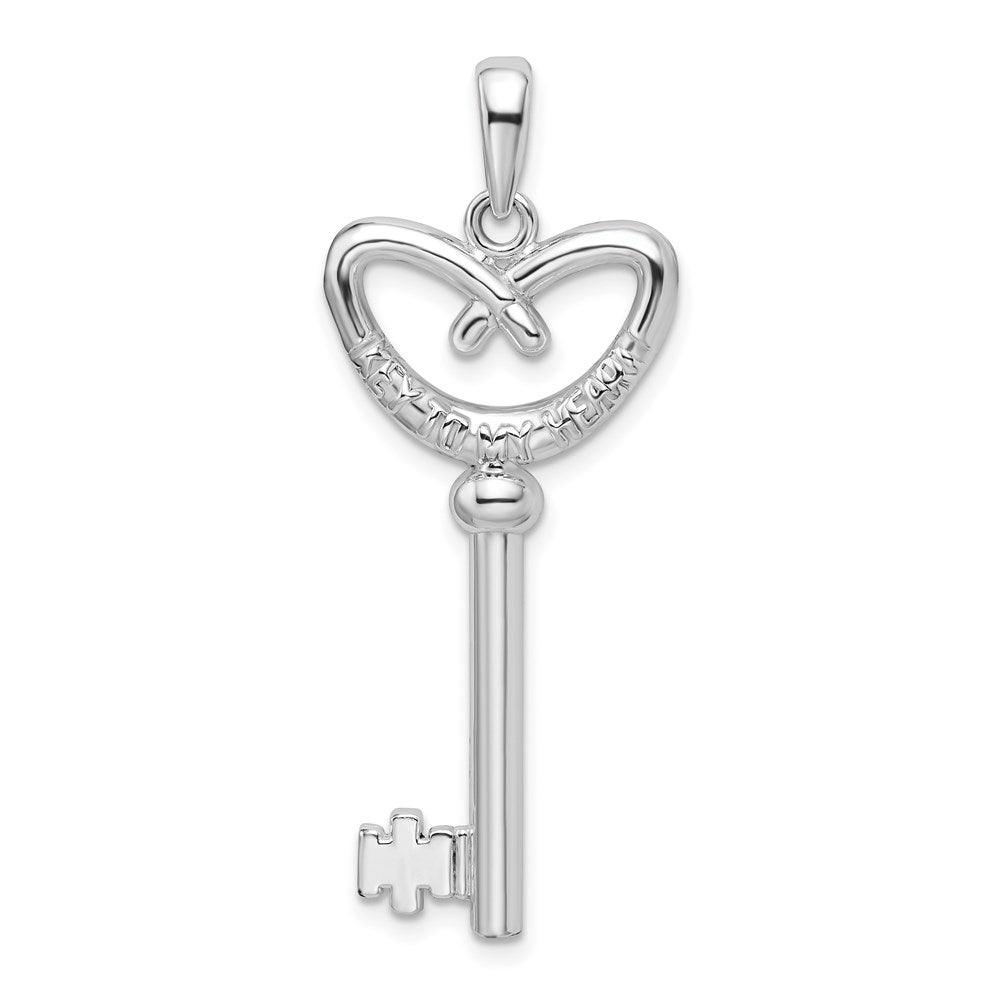Sterling Silver Rhod-plated 3D KEY TO MY HEART Pretzel Top Key Pendant