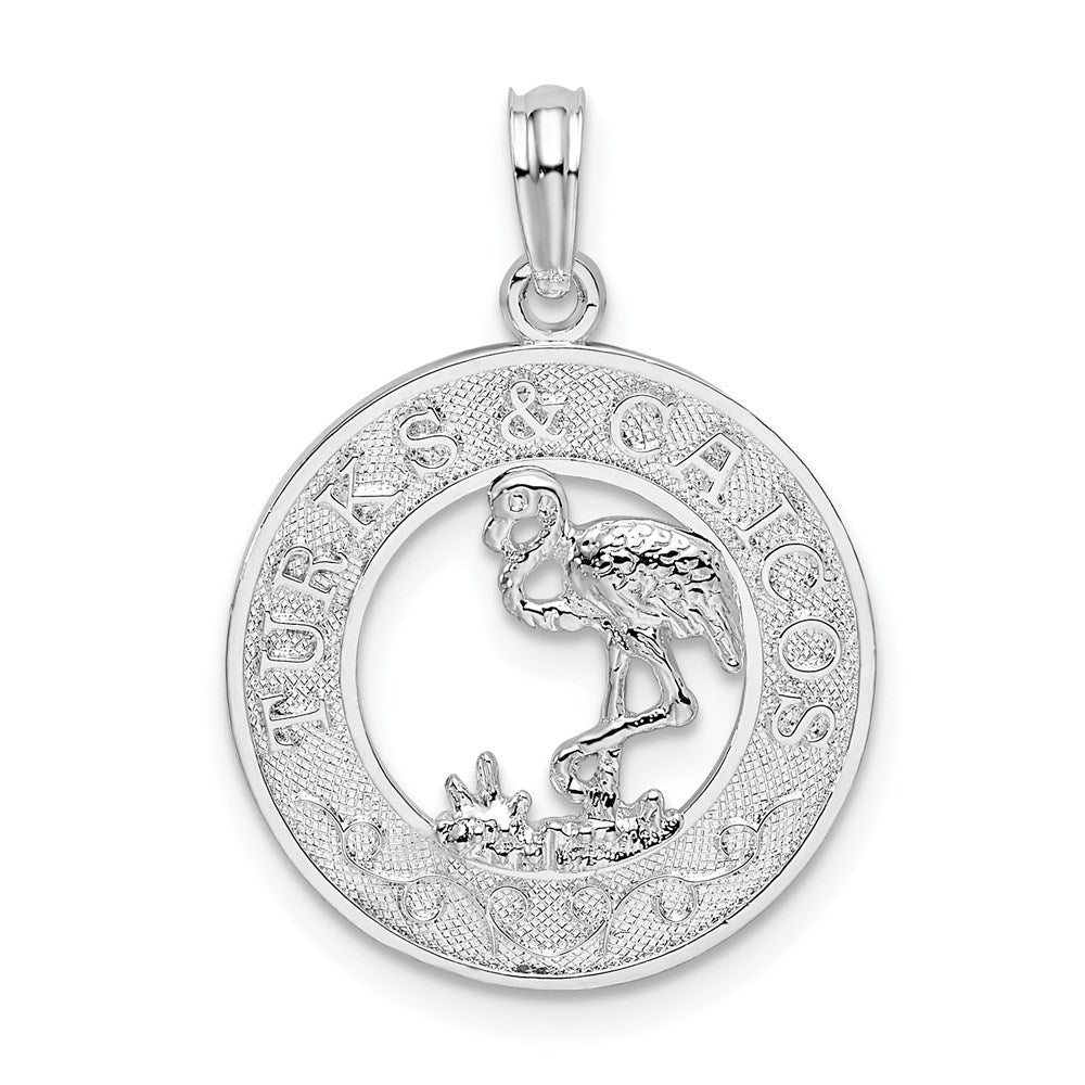 Sterling Silver Rhodium-plated Textured Turks Caicos w/Flamingo Pendant