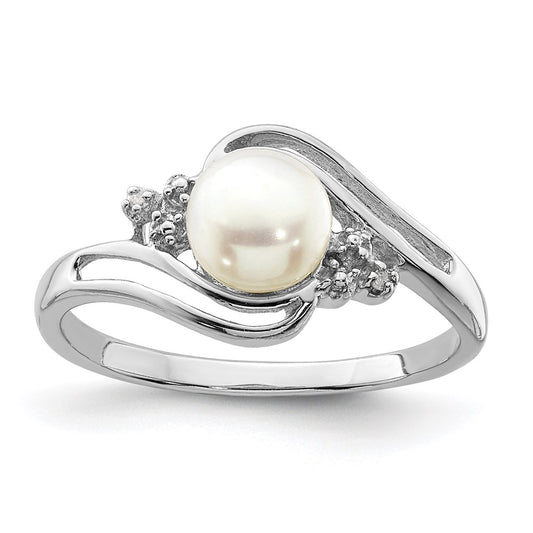Sterling Silver Rhodium 6mm FW Cultured Button Pearl & Diamond Ring