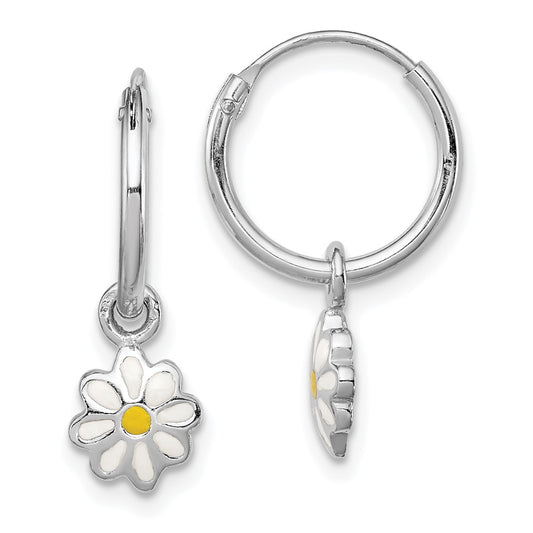 Sterling Silver RH-plated Enamel Daisy Children's Round Hoop Earrings