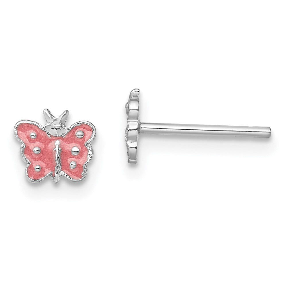 Sterling Silver RH-plated Pink Enameled Butterfly Post Earrings