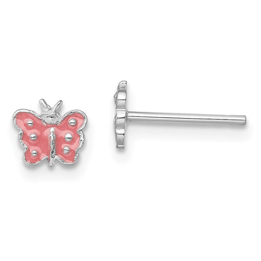 Sterling Silver RH-plated Pink Enameled Butterfly Post Earrings