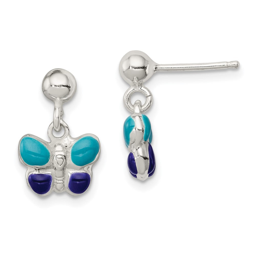 Sterling Silver Childrens Blue/Purple Enamel Butterfly Post Dangle Earrings