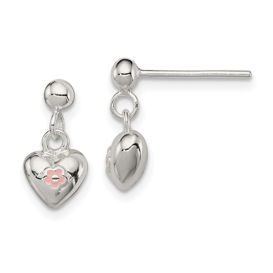Sterling Silver Pink Enamel Flower Heart Children's Post Dangle Earrings