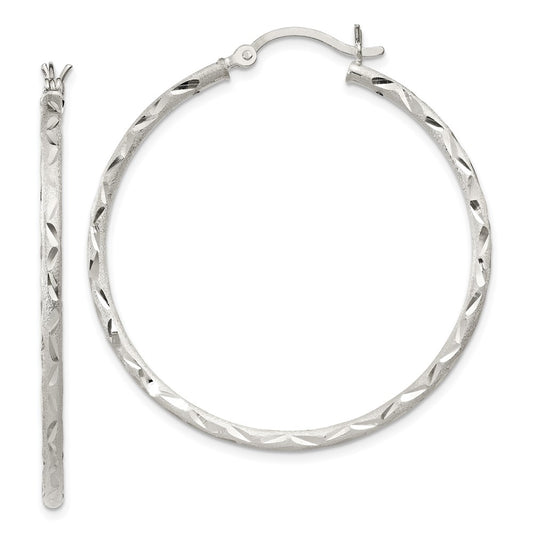 Sterling Silver Satin Diamond-cut 2x40mm Hoop Earrings
