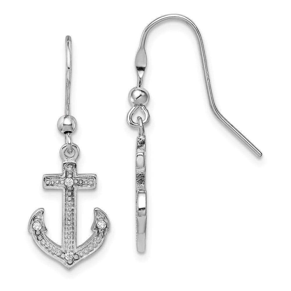 Sterling Silver RH-plated Polished CZ Anchor Shepherd Hook Earrings