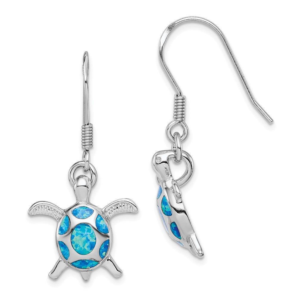 Sterling Silver Rhodium Created Blue Opal Turtle Shepherd Hook Earrings