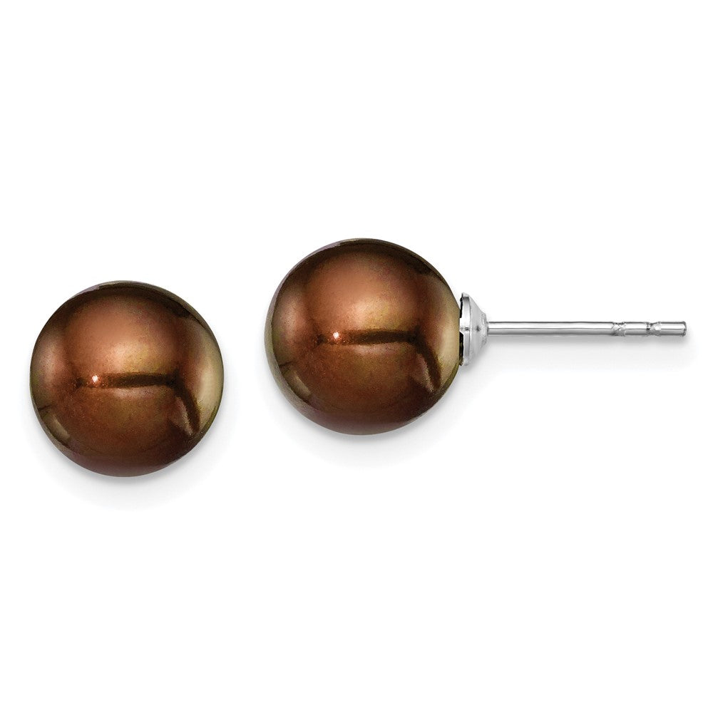 Sterling Silver Rh-plated 8-9mm Brown FW Cultured Round Pearl Stud Earring
