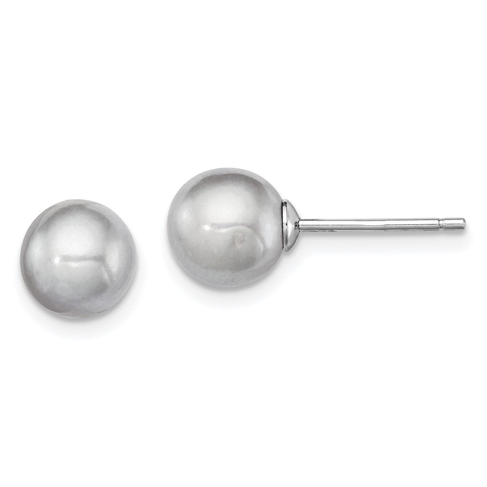 Sterling Silver Rh-plated 7-8mm Grey FW Cultured Round Pearl Stud Earrings