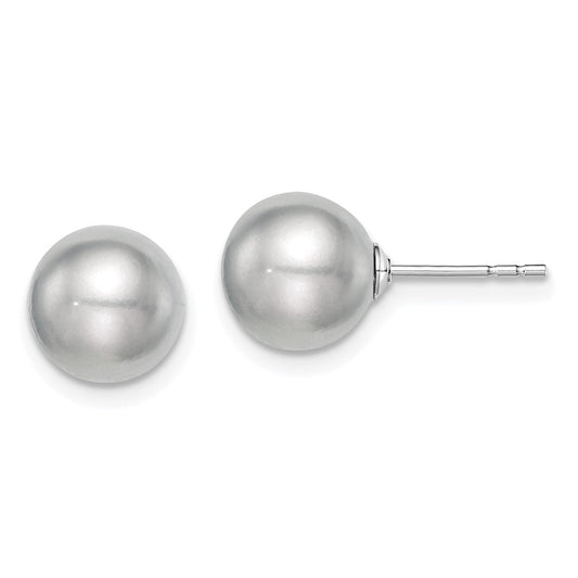 Sterling Silver Rh-plated 8-9mm Grey FW Cultured Round Pearl Stud Earrings