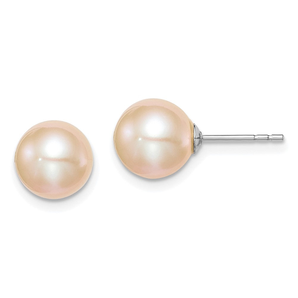 Sterling Silver Rh-plated 8-9mm Pink FW Cultured Round Pearl Stud Earrings