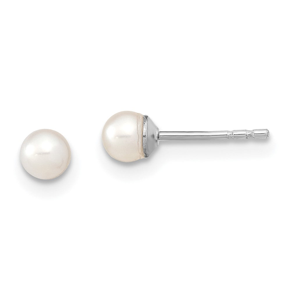 Sterling Silver Rhodium 3-4mm White FW Cultured Round Pearl Stud Earrings