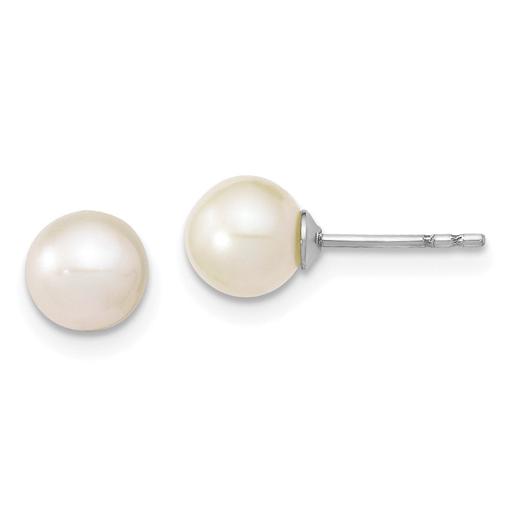 Sterling Silver Rh-plated 6-7mm White FW Cultured Round Pearl Stud Earrings