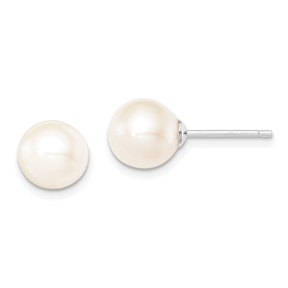 Sterling Silver Rh-plated 8-9mm White FW Cultured Round Pearl Stud Earrings