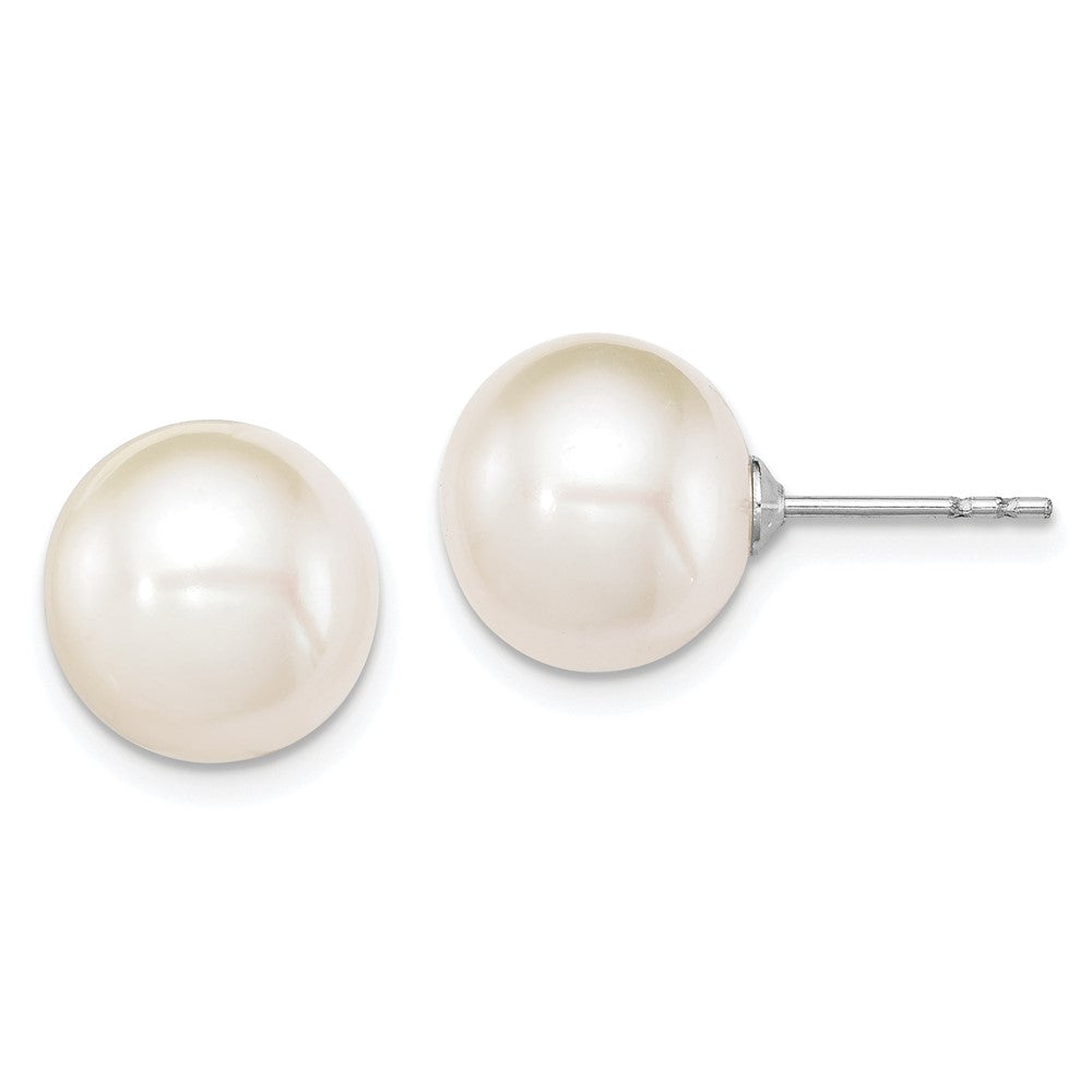 Sterling Silver Rh-plated 10-11mm White FWC Round Pearl Earrings