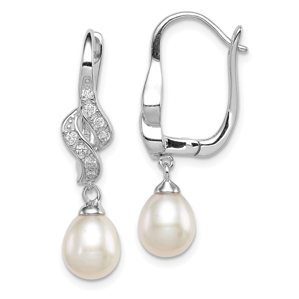 Sterling Silver Rhodium-plated 7-8mm White FWC Pearl CZ Leverback Earrings