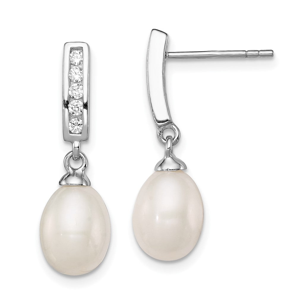 Sterling Silver Rhod-plated 8-9mm White FWC Pearl CZ Post Dangle Earrings