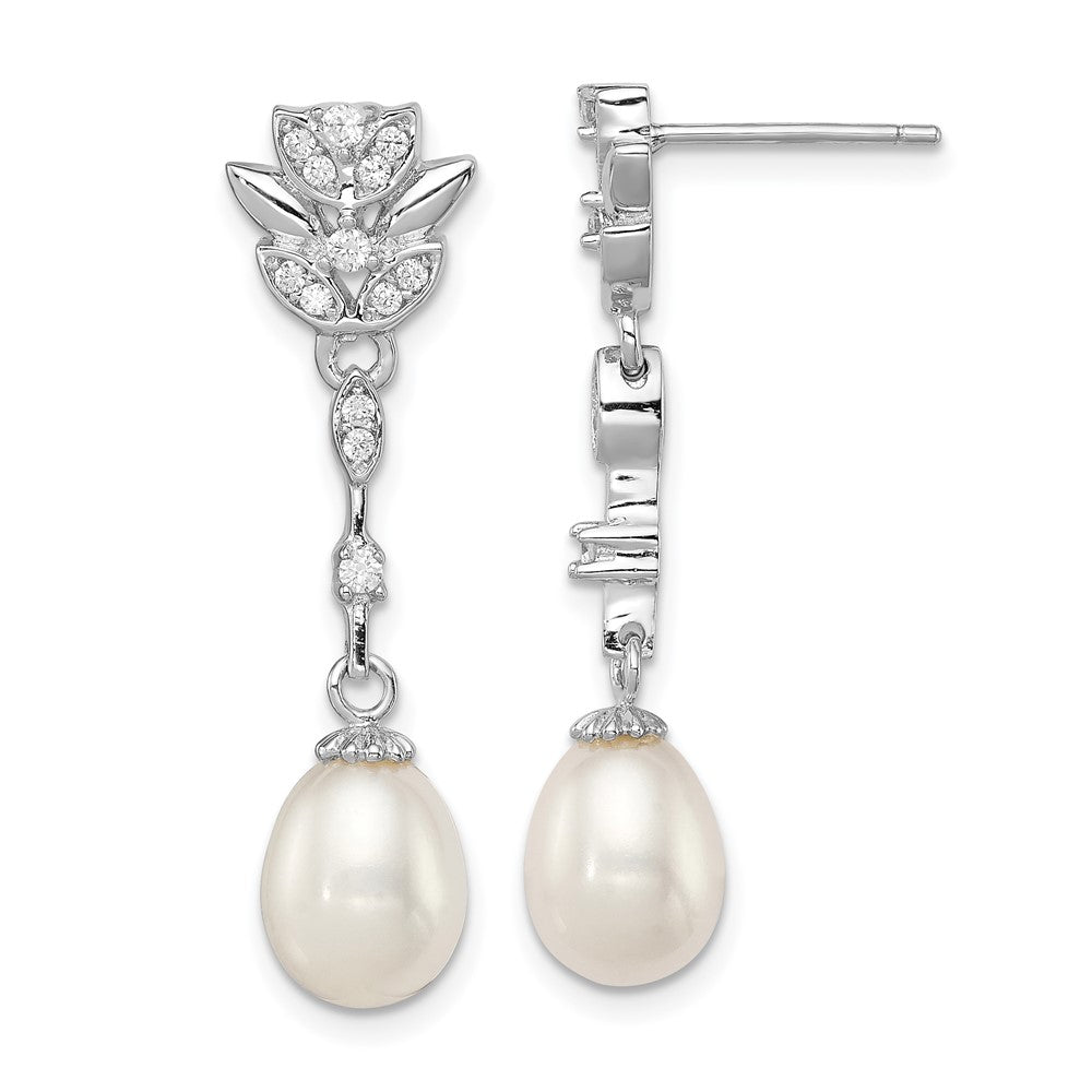 Sterling Silver Rhod-plated 8-9mm White FWC Pearl CZ Post Dangle Earrings