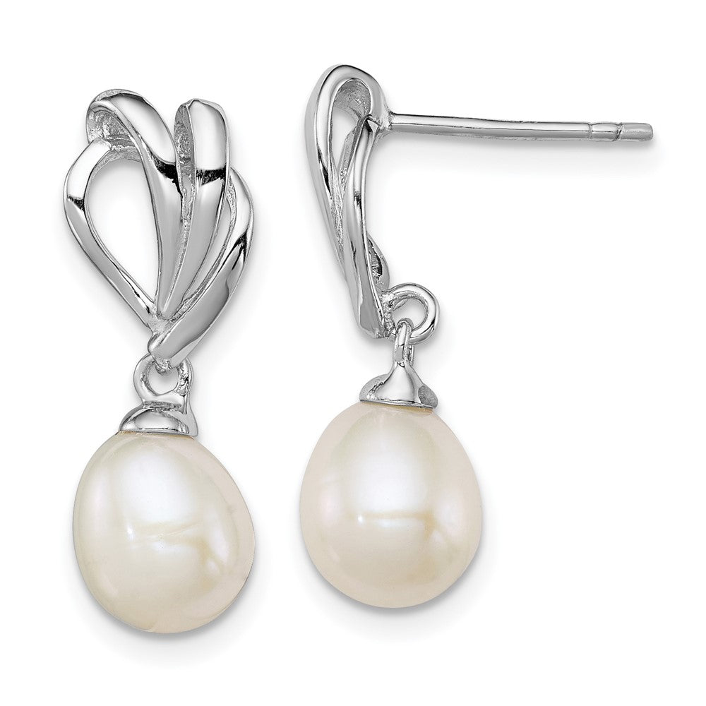 Sterling Silver Rhodium-plated 7-8mm White FWC Pearl Post Dangle Earrings