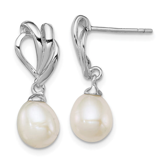 Sterling Silver Rhodium-plated 7-8mm White FWC Pearl Post Dangle Earrings