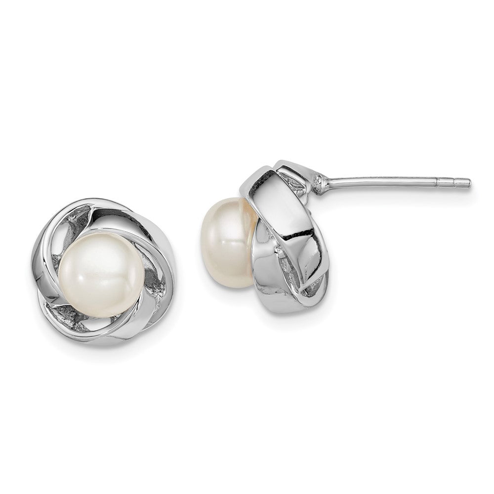 Sterling Silver Rhodium-plated 6-7mm White FWC Pearl Knot Post Earrings