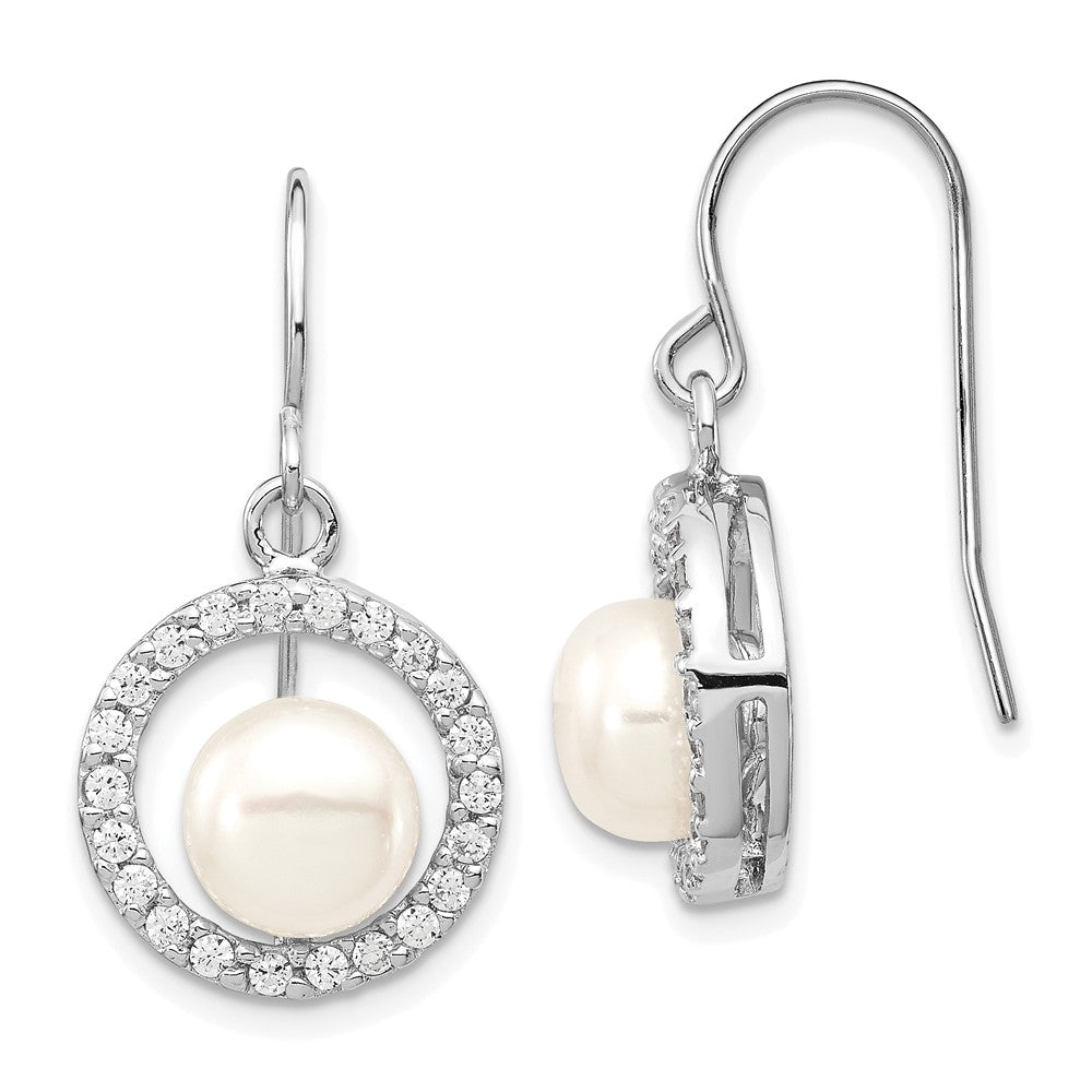 Sterling Silver Rhodium-plated 7-8mm White FWC Pearl CZ Dangle Earrings