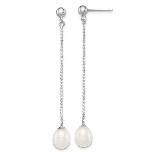 Sterling Silver Rhodium-plated 7-8mm White FWC Pearl Post Dangle Earrings