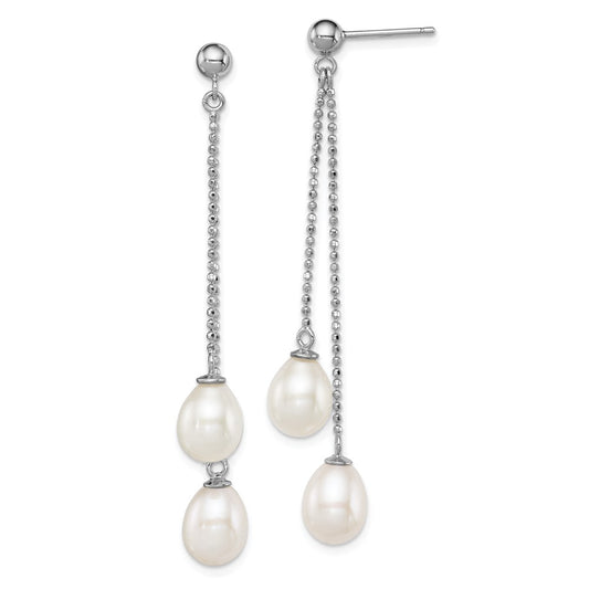 Sterling Silver Rhodium-plated 7-8mm White FWC Pearl Post Dangle Earrings