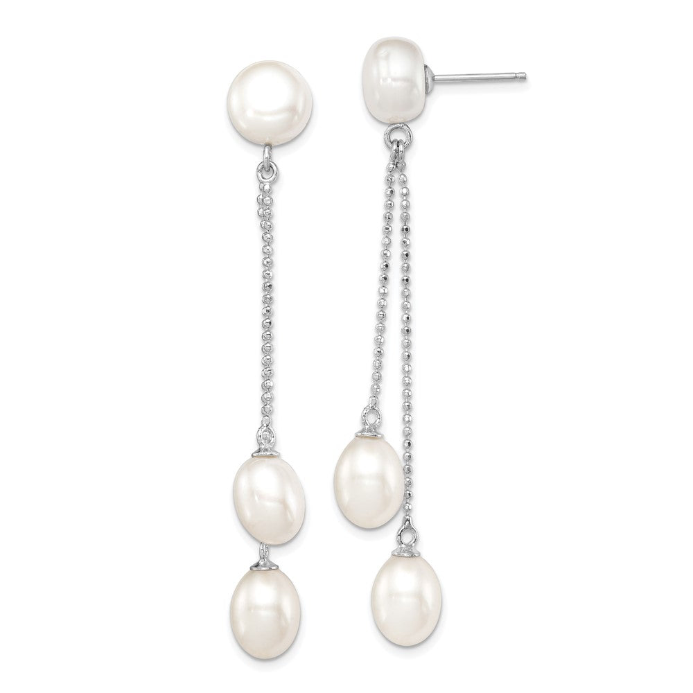 Sterling Silver Rhodium-plated 6-9mm White FWC 3-Pearl Post Dangle Earrings