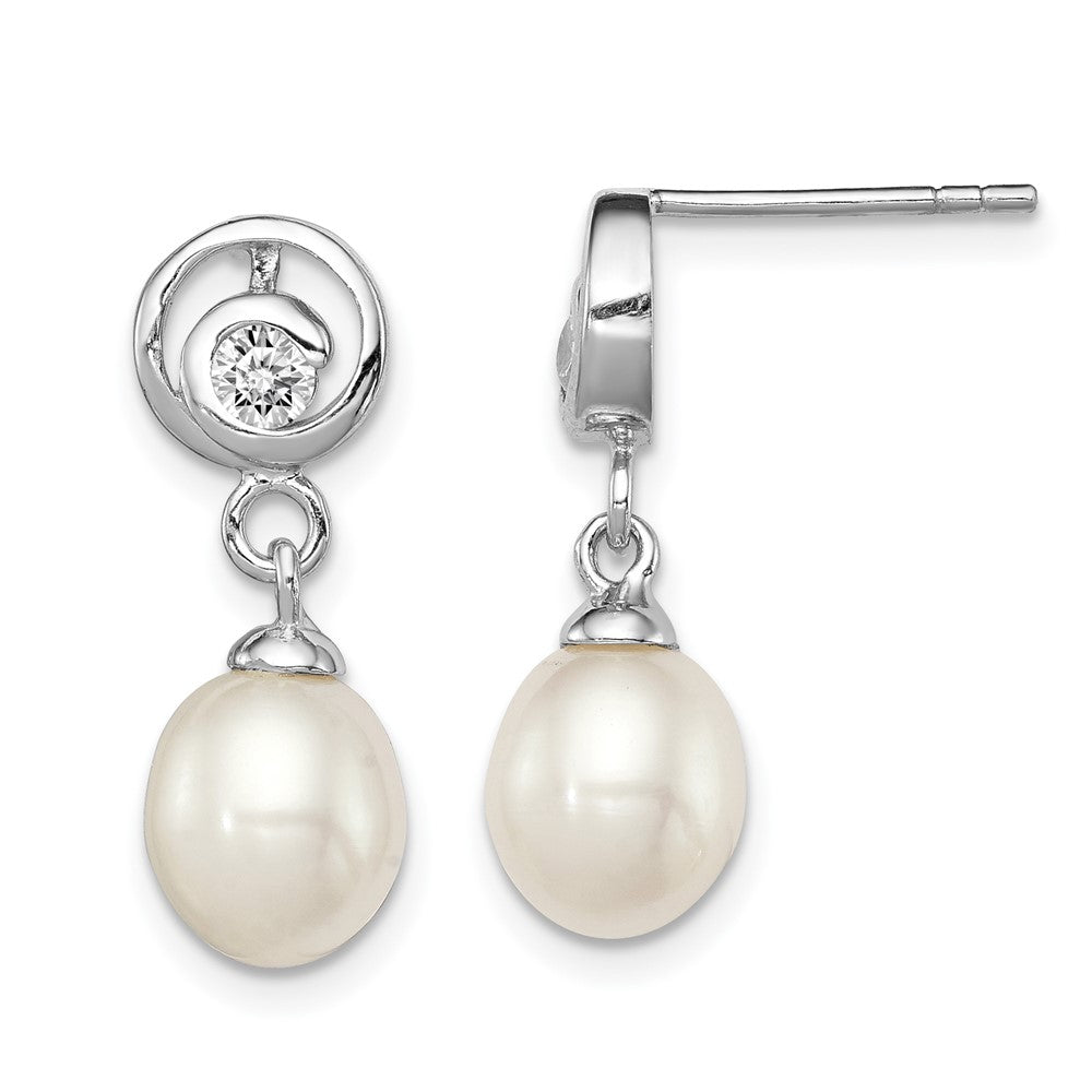 Sterling Silver Rhod-plated 7-8mm White FWC Pearl CZ Post Dangle Earrings