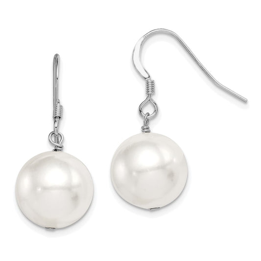 Sterling Silver Rhodium-plated 12-13mm Round Shell Bead Dangle Earrings