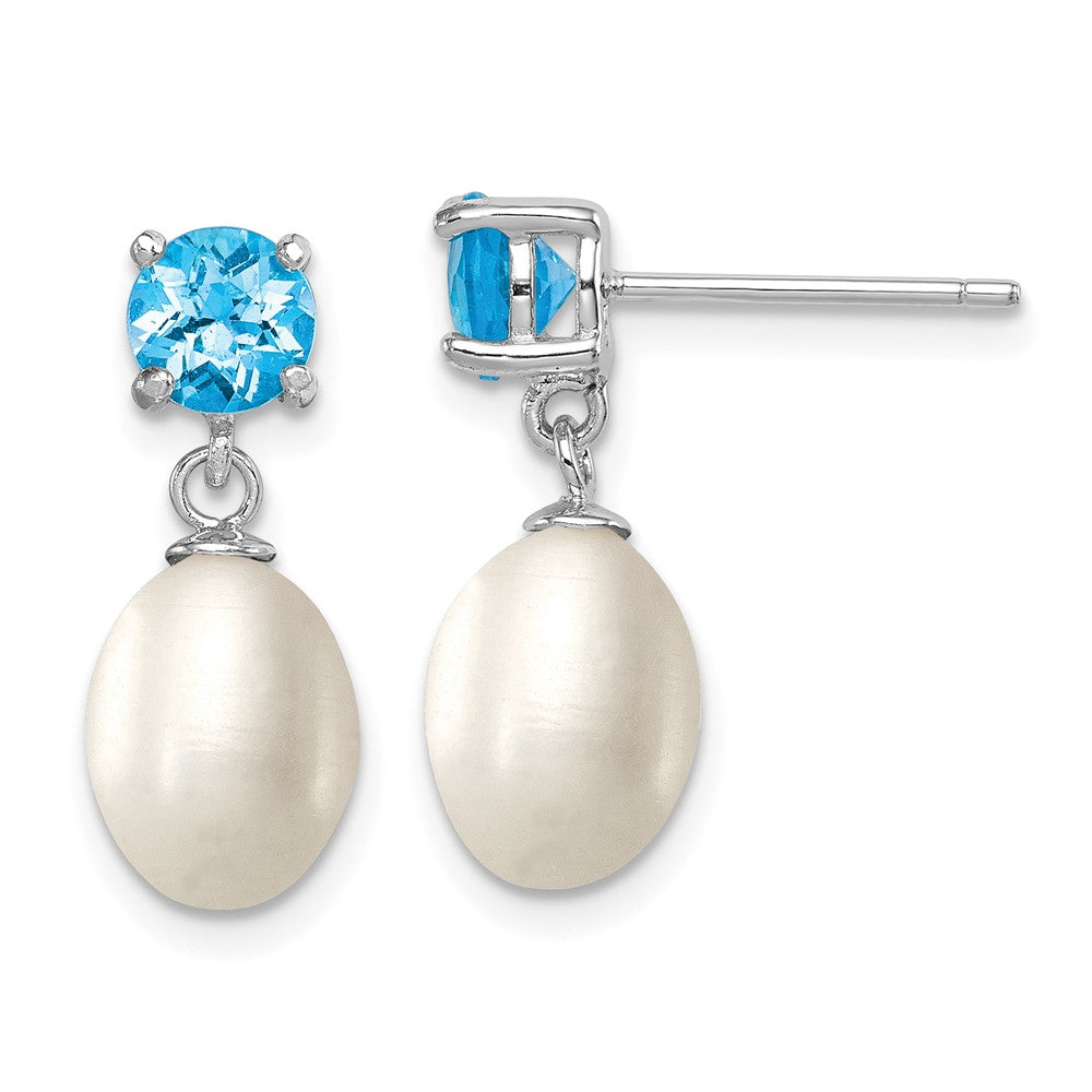 Sterling Silver RH Blue Topaz 7-8mm FW Cult Pearl Teardrop Earrings