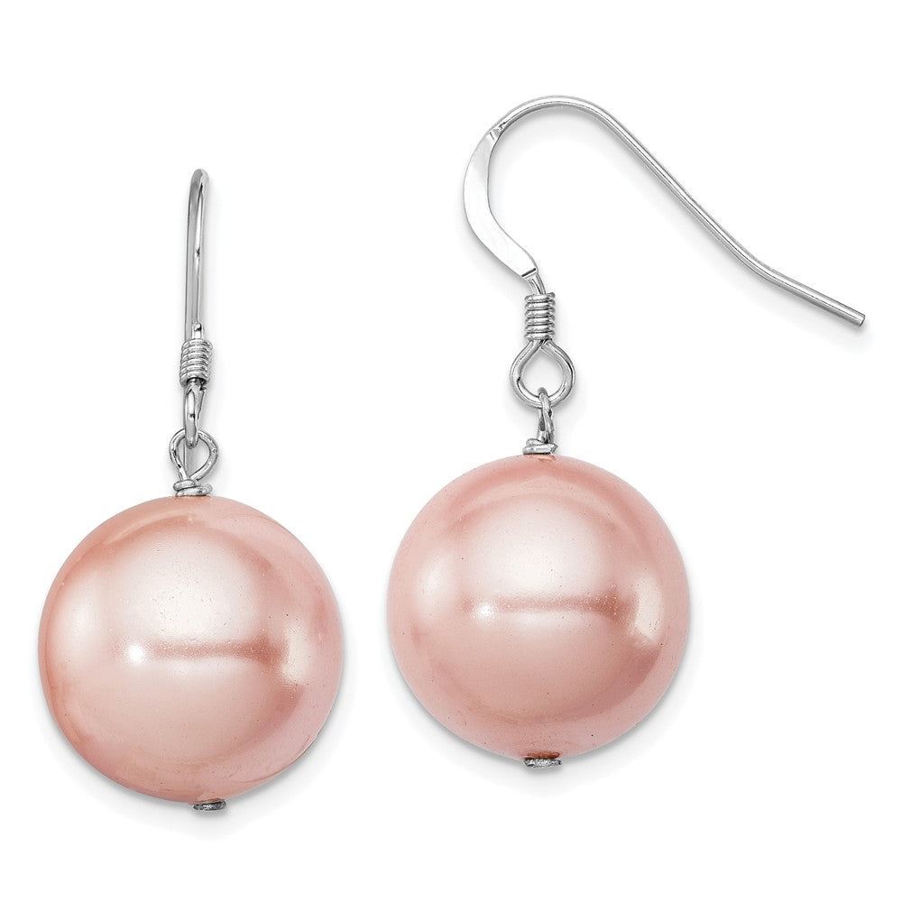Sterling Silver Rhod-plated 14-15mm Pink Shell Pearl Dangle Earrings