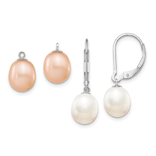Sterling Silver Rhod 7-8mm FWC Pearl Leverback 2pc Enhancer Set